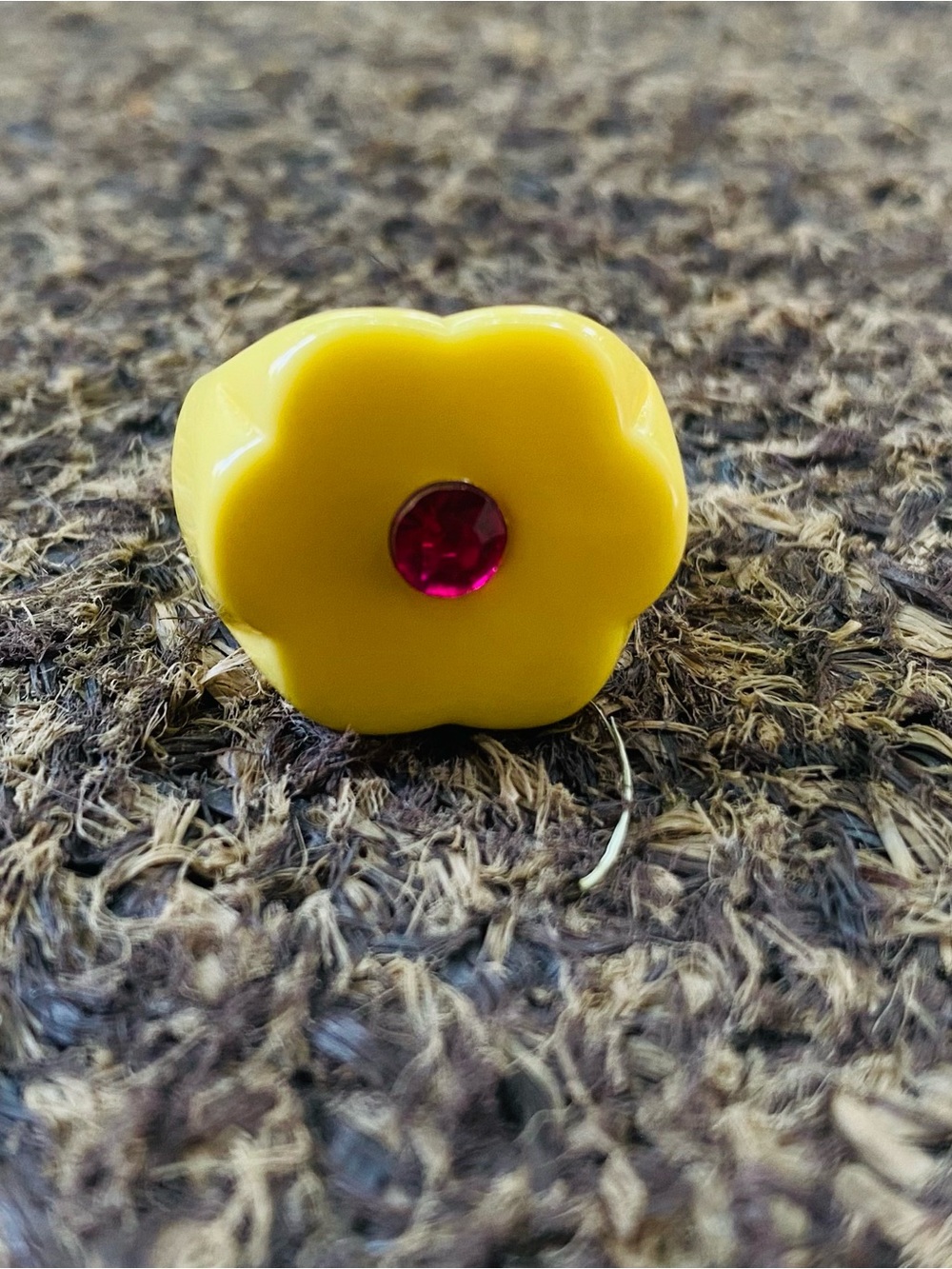 Yellow Flower Ring with Pink Gem Center